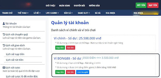 Người chơi cần phải chuyển tiền ví phụ sang ví chính khi rút thưởng Bong88